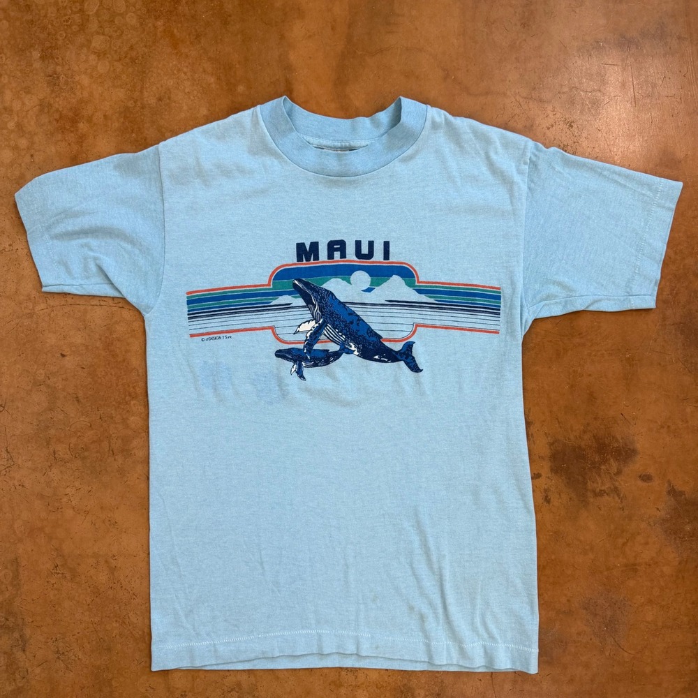 Vintage 80s Maui Hawaii Whale Graphic T Shirt Blue Medium 50/50 Single Stitch